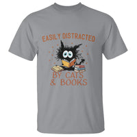 Cat & Book Lover T Shirt Easily Distracted By Cats And Books Funny Black Cat Meme - Wonder Print Shop