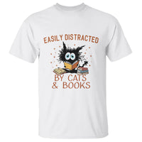 Cat & Book Lover T Shirt Easily Distracted By Cats And Books Funny Black Cat Meme - Wonder Print Shop