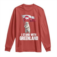 I Stand With Greenland Long Sleeve Shirt Cute Polar Bear Holding Flag Political Support