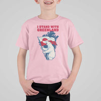 I Stand With Greenland Patriotic T Shirt For Kid Polar Bear Holding Flag Over Map