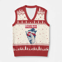 I Stand With Greenland Patriotic V-Neck Knit Sweater Vest Polar Bear Holding Flag Over Map