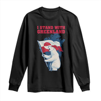 I Stand With Greenland Patriotic Long Sleeve Shirt Polar Bear Holding Flag Over Map