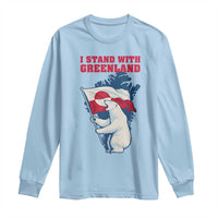 I Stand With Greenland Patriotic Long Sleeve Shirt Polar Bear Holding Flag Over Map