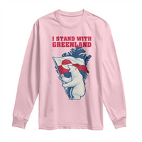 I Stand With Greenland Patriotic Long Sleeve Shirt Polar Bear Holding Flag Over Map