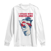 I Stand With Greenland Patriotic Long Sleeve Shirt Polar Bear Holding Flag Over Map