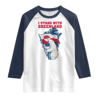 I Stand With Greenland Patriotic Raglan Shirt Polar Bear Holding Flag Over Map