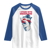I Stand With Greenland Patriotic Raglan Shirt Polar Bear Holding Flag Over Map