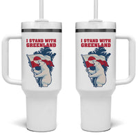 I Stand With Greenland Patriotic Tumbler With Handle Polar Bear Holding Flag Over Map