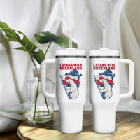 I Stand With Greenland Patriotic Tumbler With Handle Polar Bear Holding Flag Over Map