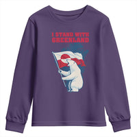 I Stand With Greenland Patriotic Youth Sweatshirt Polar Bear Holding Flag Over Map