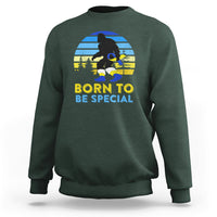 Dark forest green graphic sweatshirt with Bigfoot silhouette and 'BORN TO BE SPECIAL' slogan