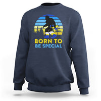 Navy graphic sweatshirt with Bigfoot silhouette and 'BORN TO BE SPECIAL' front print