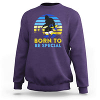 Purple graphic sweatshirt with Bigfoot silhouette and 'BORN TO BE SPECIAL' print