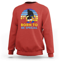 Red graphic sweatshirt with Bigfoot silhouette and 'BORN TO BE SPECIAL' front print