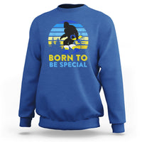 Royal blue graphic sweatshirt with Bigfoot silhouette and 'BORN TO BE SPECIAL' text