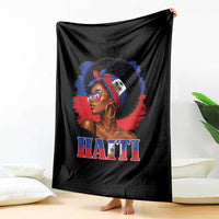 Haitian Queen Afro Melanin Graphic Throw Blanket Haiti Flag Heritage Pride