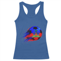 Haitian Flag Soccer Ball Splatter Graphic Racerback Tank Top Haiti Football Sports Fan