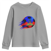 Haitian Flag Soccer Ball Splatter Graphic Youth Sweatshirt Haiti Football Sports Fan