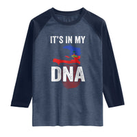 It's In My DNA Haitian Map and Fingerprint Flag Graphic Raglan Shirt Haiti Heritage Pride