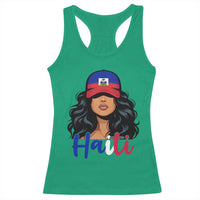 Beautiful Haitian Girl in Flag Baseball Cap Racerback Tank Top Haiti Heritage Pride