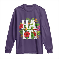 Haiti Tropical Floral Hibiscus Palm Leaves Island Graphic Long Sleeve Shirt Haitian Heritage Pride