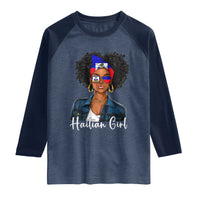Proud Haitian Afro Girl in Denim Jacket Style Graphic Raglan Shirt Haiti Heritage Pride
