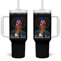 Proud Haitian Afro Girl in Denim Jacket Style Graphic Tumbler With Handle Haiti Heritage Pride