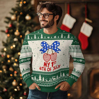 My 1st 4th of July Coquette Bow Striped Cherries Ugly Christmas Sweater Preppy Patriotic Baby Girl Independence Holiday