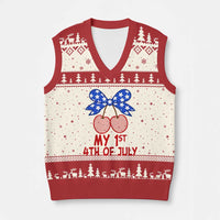 My 1st 4th of July Coquette Bow Striped Cherries V-Neck Knit Sweater Vest Preppy Patriotic Baby Girl Independence Holiday