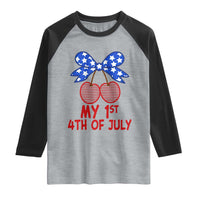 My 1st 4th of July Coquette Bow Striped Cherries Raglan Shirt Preppy Patriotic Baby Girl Independence Holiday
