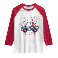 My First July 4th Gingham Vintage Truck Americana Raglan Shirt Patriotic Fireworks Independence Holiday Milestone