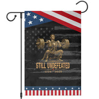 Funny Abraham Lincoln Squatting Barbell Semiquincentennial Patriotic Garden Flag Still Undefeated 1776 to 2026 Muscular President Gym Bodybuilder