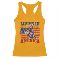 Living In America Funny Patriotic Heavyweight Boxer Racerback Tank Top Vintage Distressed Flag Uncle Sam Hat Boxing Champion