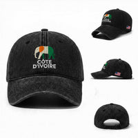 Proud Côte d'Ivoire Elephant Ivory Coast Flag Washed Cotton Baseball Cap Ivorian Pride Retro Souvenir