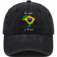 Eu Amo O Brasil Flag Map Washed Cotton Baseball Cap I Love Brazil Patriotic Heart Brazilian Pride