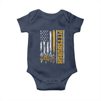 Pittsburgh City Skyline Roberto Clemente Bridge Graphic Baby Onesie American Flag Yellow Bridge City Hometown Pride