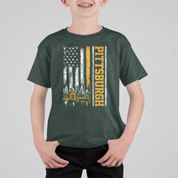 Pittsburgh City Skyline Roberto Clemente Bridge Graphic T Shirt For Kid American Flag Yellow Bridge City Hometown Pride