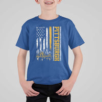 Pittsburgh City Skyline Roberto Clemente Bridge Graphic T Shirt For Kid American Flag Yellow Bridge City Hometown Pride