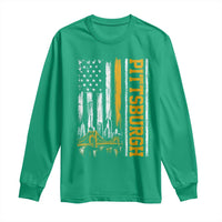 Pittsburgh City Skyline Roberto Clemente Bridge Graphic Long Sleeve Shirt American Flag Yellow Bridge City Hometown Pride