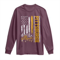 Pittsburgh City Skyline Roberto Clemente Bridge Graphic Long Sleeve Shirt American Flag Yellow Bridge City Hometown Pride