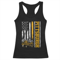 Pittsburgh City Skyline Roberto Clemente Bridge Graphic Racerback Tank Top American Flag Yellow Bridge City Hometown Pride