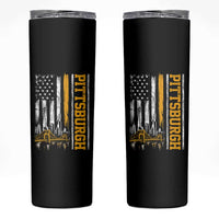 Pittsburgh City Skyline Roberto Clemente Bridge Graphic Skinny Tumbler American Flag Yellow Bridge City Hometown Pride
