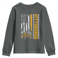 Pittsburgh City Skyline Roberto Clemente Bridge Graphic Youth Sweatshirt American Flag Yellow Bridge City Hometown Pride