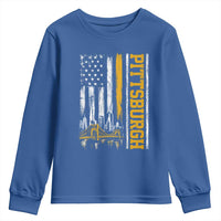 Pittsburgh City Skyline Roberto Clemente Bridge Graphic Youth Sweatshirt American Flag Yellow Bridge City Hometown Pride