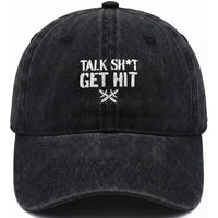 Talk Shit Get Hit Crossed Swords Washed Cotton Baseball Cap Funny Edgy Combat Sports Attitude