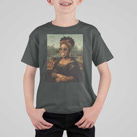 Modern Black Mona Lisa Headwrap Sunglasses Parody T Shirt For Kid Trendy Urban Fine Art Portrait Graphic