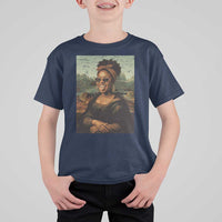 Modern Black Mona Lisa Headwrap Sunglasses Parody T Shirt For Kid Trendy Urban Fine Art Portrait Graphic