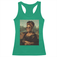Modern Black Mona Lisa Headwrap Sunglasses Parody Racerback Tank Top Trendy Urban Fine Art Portrait Graphic