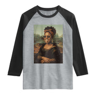 Modern Black Mona Lisa Headwrap Sunglasses Parody Raglan Shirt Trendy Urban Fine Art Portrait Graphic