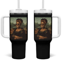 Modern Black Mona Lisa Headwrap Sunglasses Parody Tumbler With Handle Trendy Urban Fine Art Portrait Graphic